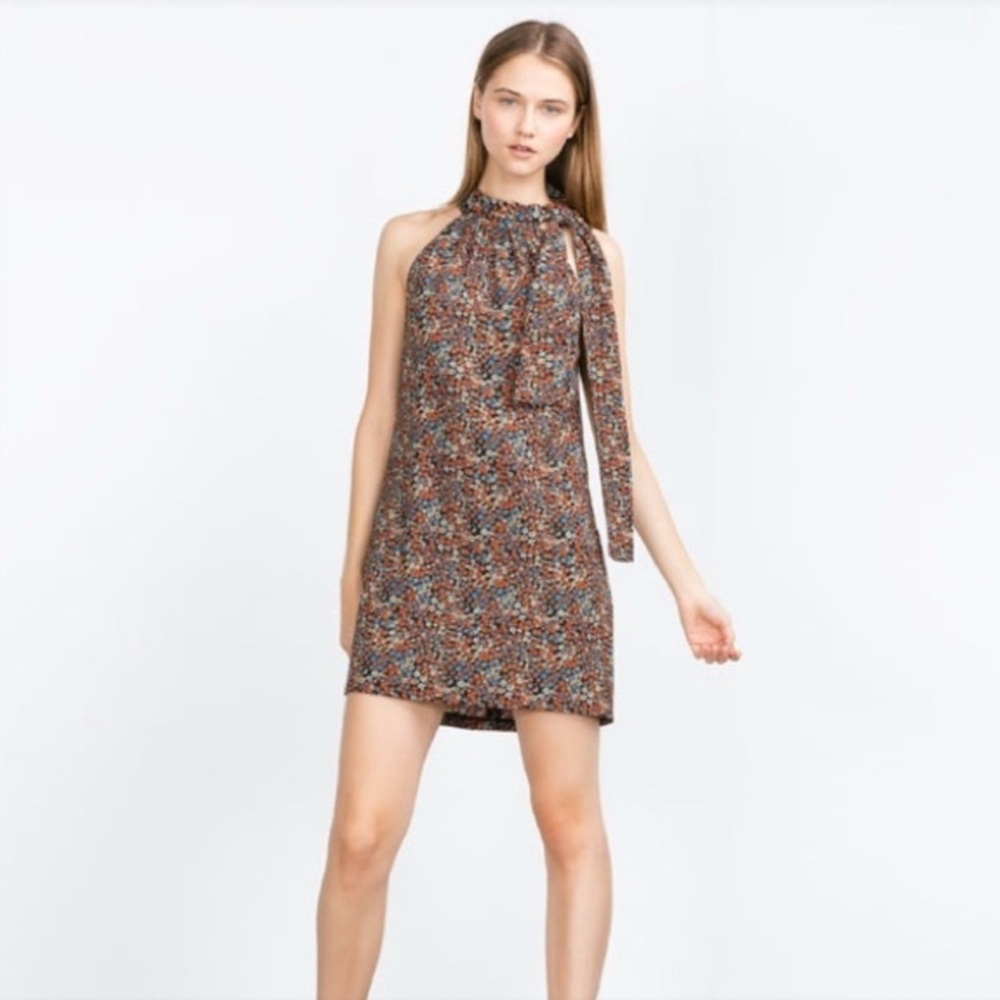 ZARA EUC Trafaluc flower tie neck dress or tunic 🌼